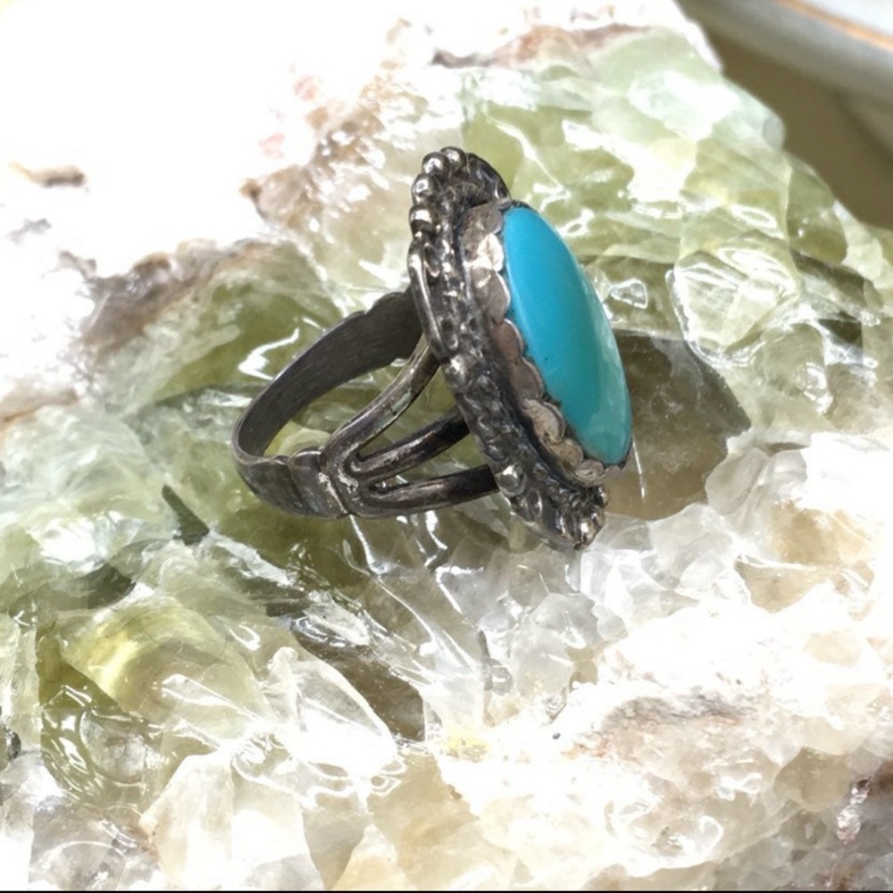 Vintage Sterling Silver Southwestern Ring Faux Turquoise Size 5 925 Boho Style